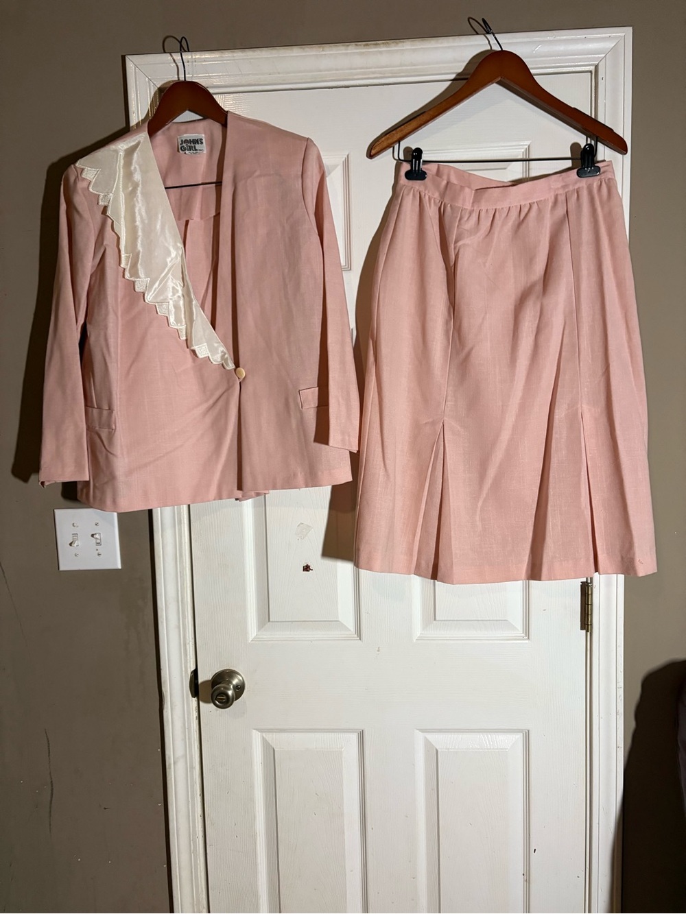 Vintage Two-Piece Pink Skirt Suit with Lace Trim